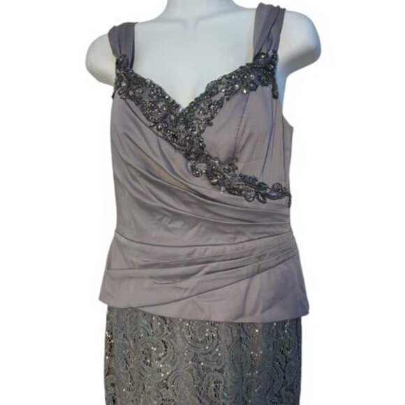 Decode 1.8 Silver Satin Beaded Ruched Top Lace Sequin Bottom Gown - Picture 5 of 5